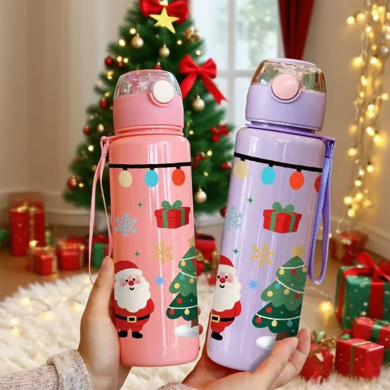 Botella de agua navideña con estampado 3D, bonito diseño de reno de Papá Noel, taza de agua de plástico de alta apariencia con dibujos animados de 700ML, a prueba de fugas