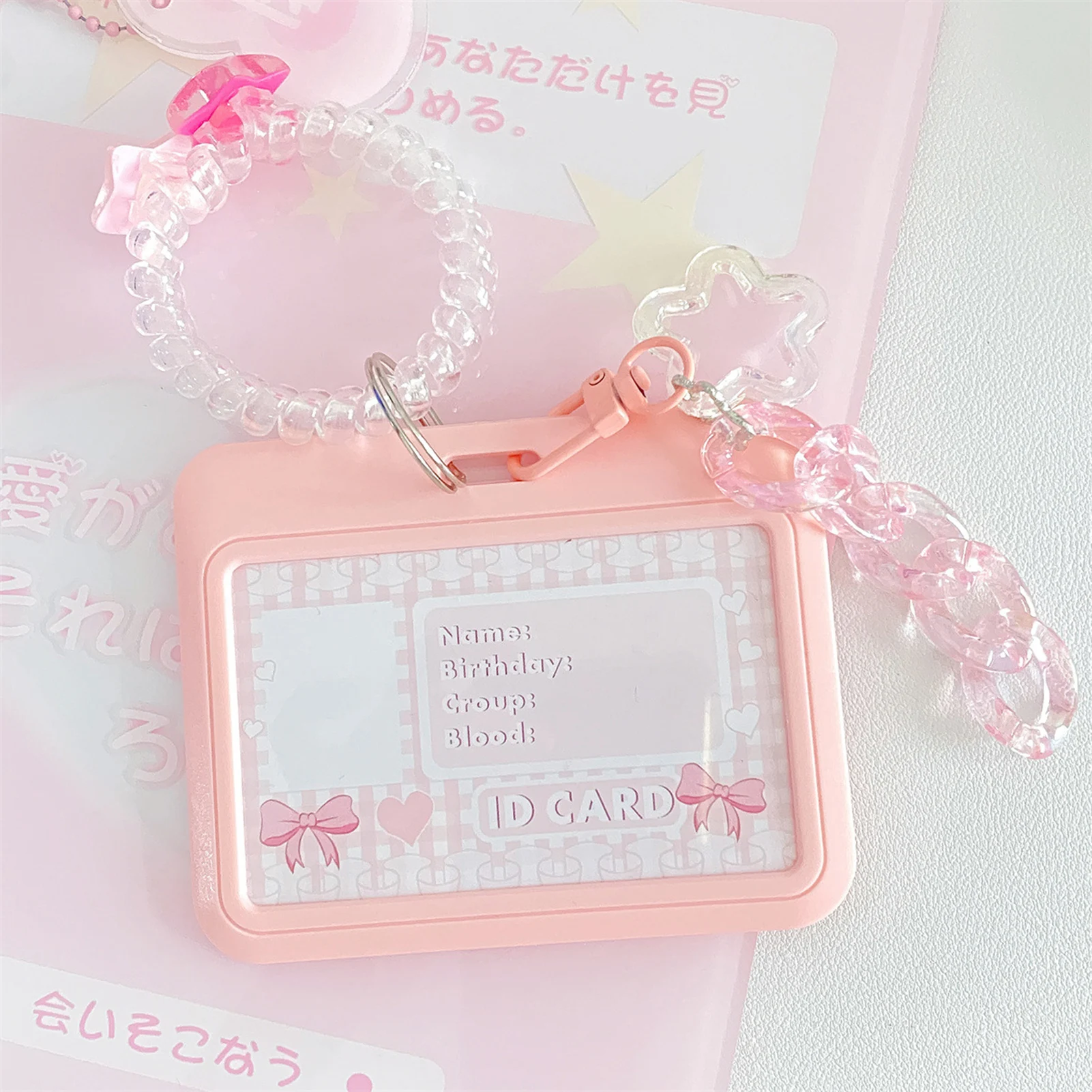 Pink Bowknot Style Student ID Bus Card Holder Kawaii Card Protector Gradient Pink Color Photocard Holder for Kids