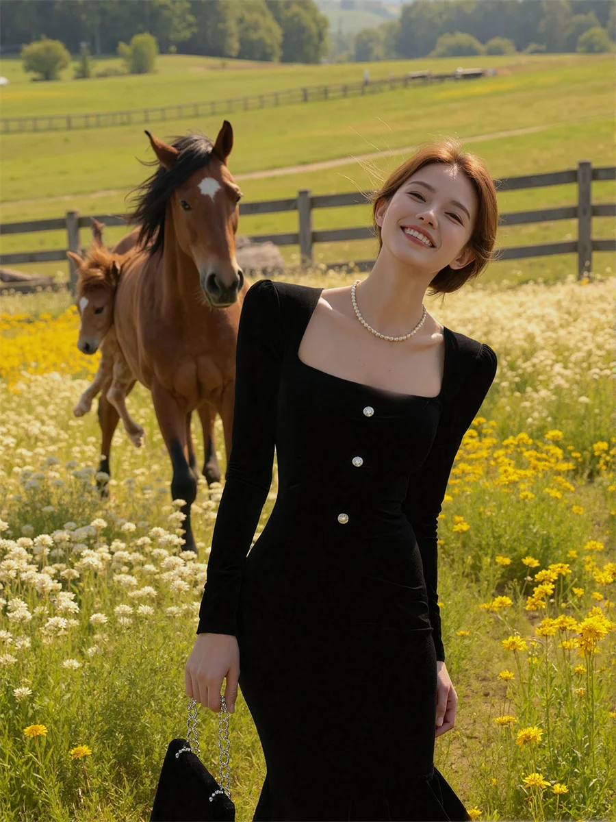Vestidos femininos estilo coreano preto drapeado em camadas babados até o tornozelo aline linha a all-match alternativo para todas as estações