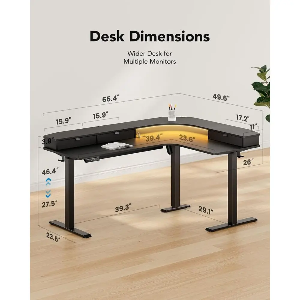 65″ L Shaped Standing Desk with 3 Ders, Electric Height Adjustable Computer Desk with Power Outlets & LED Strip, Sit Stand Up De