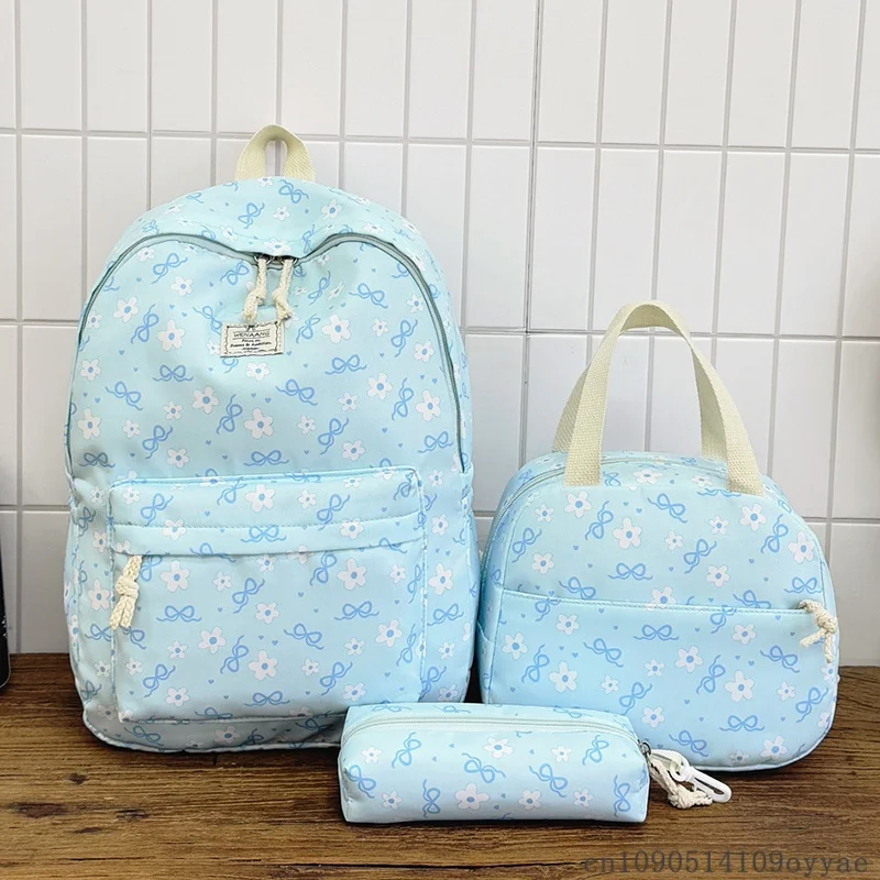 Adorable Bow Floral Teen Girls 3-Piece Backpack Set Ultra Light Large Storage Versatile School Bag Kit Campus Outdoor Daily Use