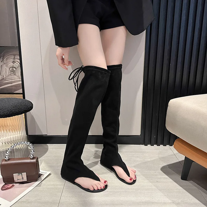 Nuove infradito sandali pieghettati in pelle scamosciata stivali nuovi stivali lunghi da Cowboy occidentali estivi moda nera Flat Lace Up sopra il