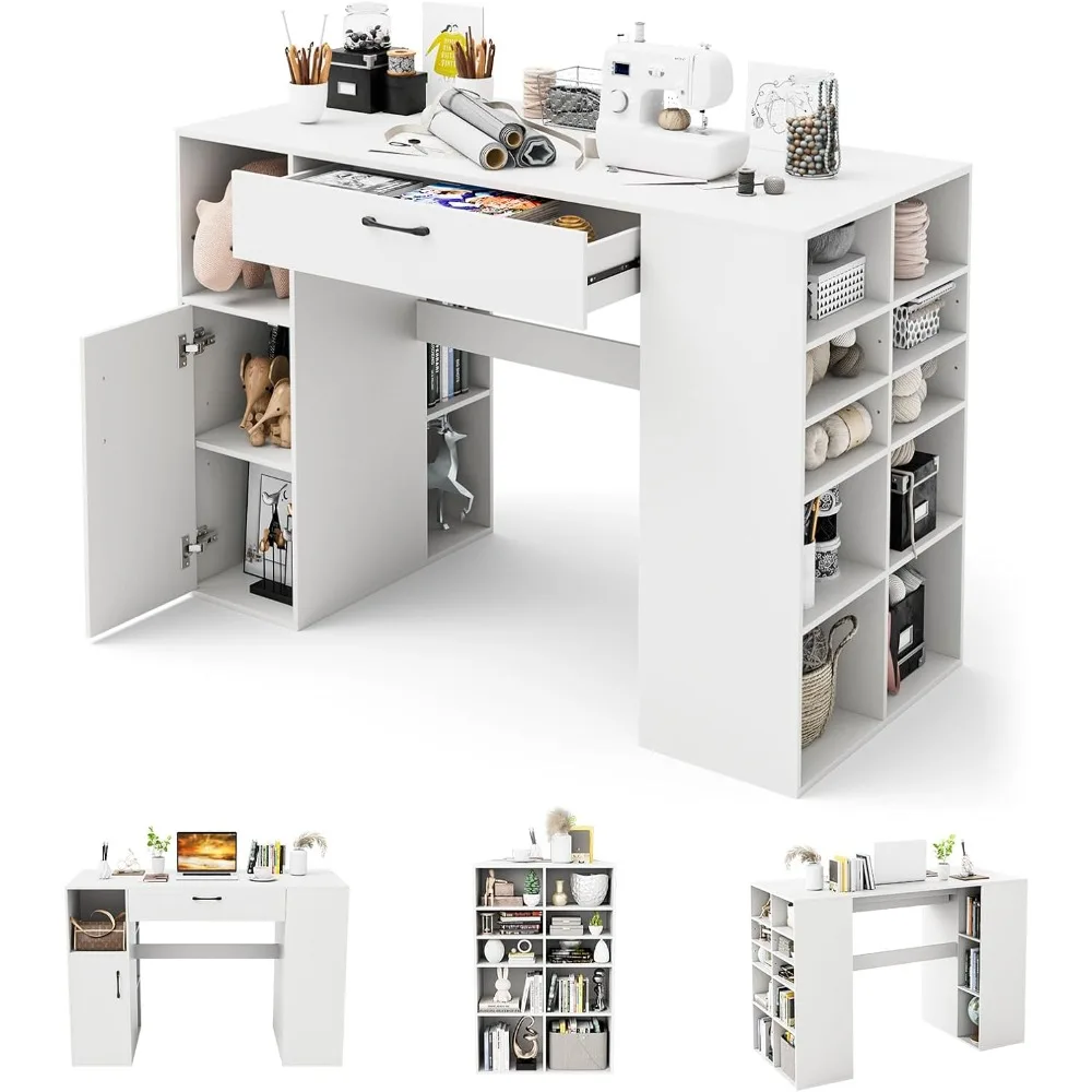 36” counter height sewing table, 53 inch artwork craft table with 14 open compartments, 3-position adjustable shelf, 1 drawer &