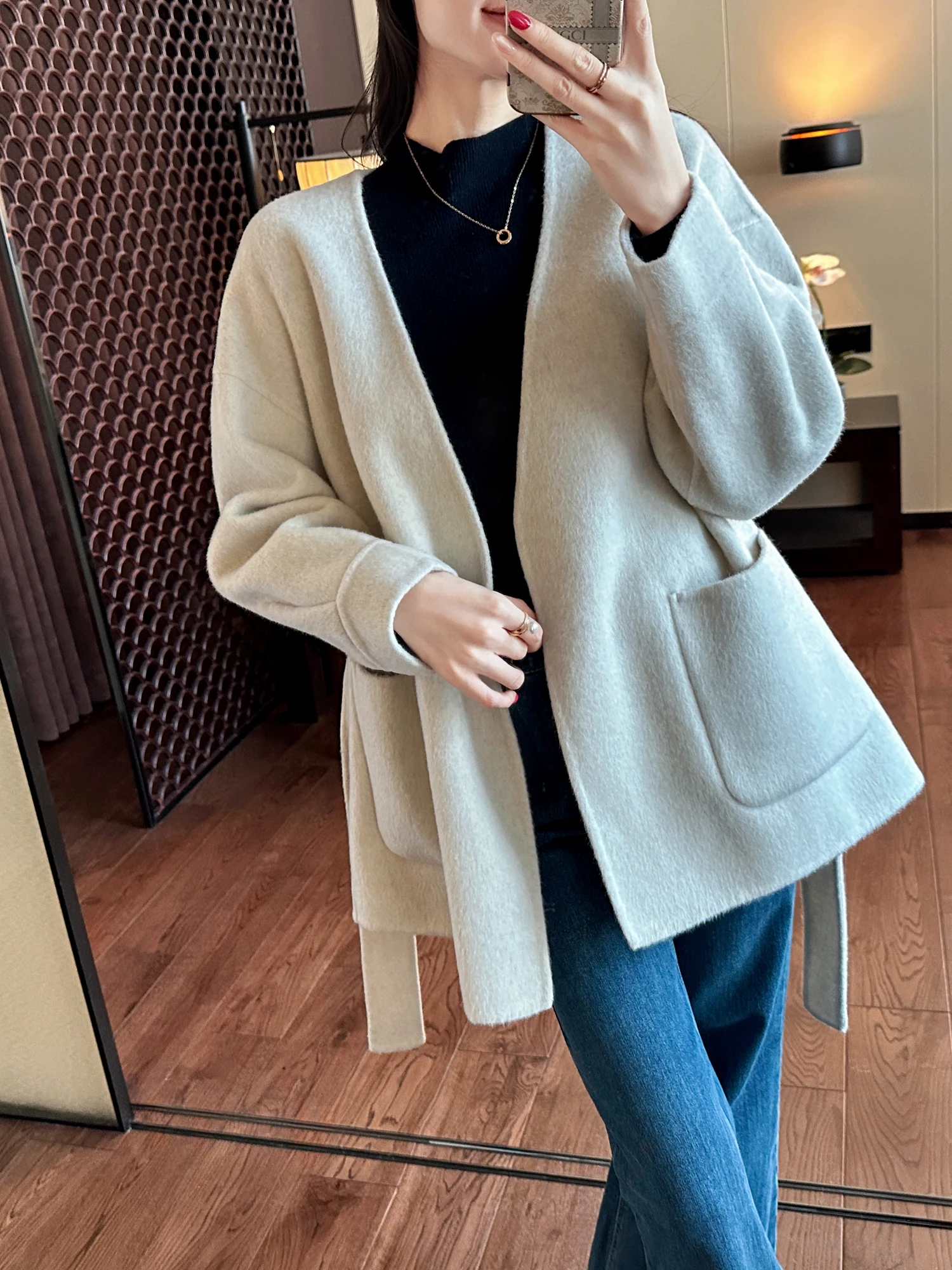 

Женское шерстяное пальто с регулируемым поясом, персикового цвета, свободного кроя, для повседневной носки, весенний сезон, тепло гарантировано