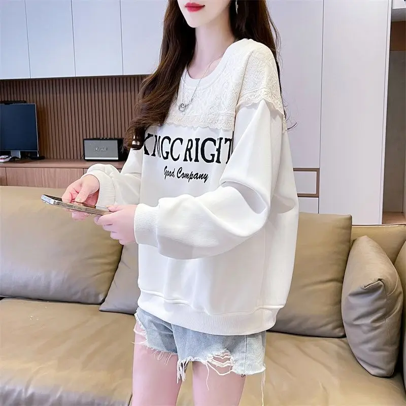 Lace Patchwork Round Neck Hoodie for Women Thin Design New Korean Version Loose and Niche Design Trendy Western Style Top