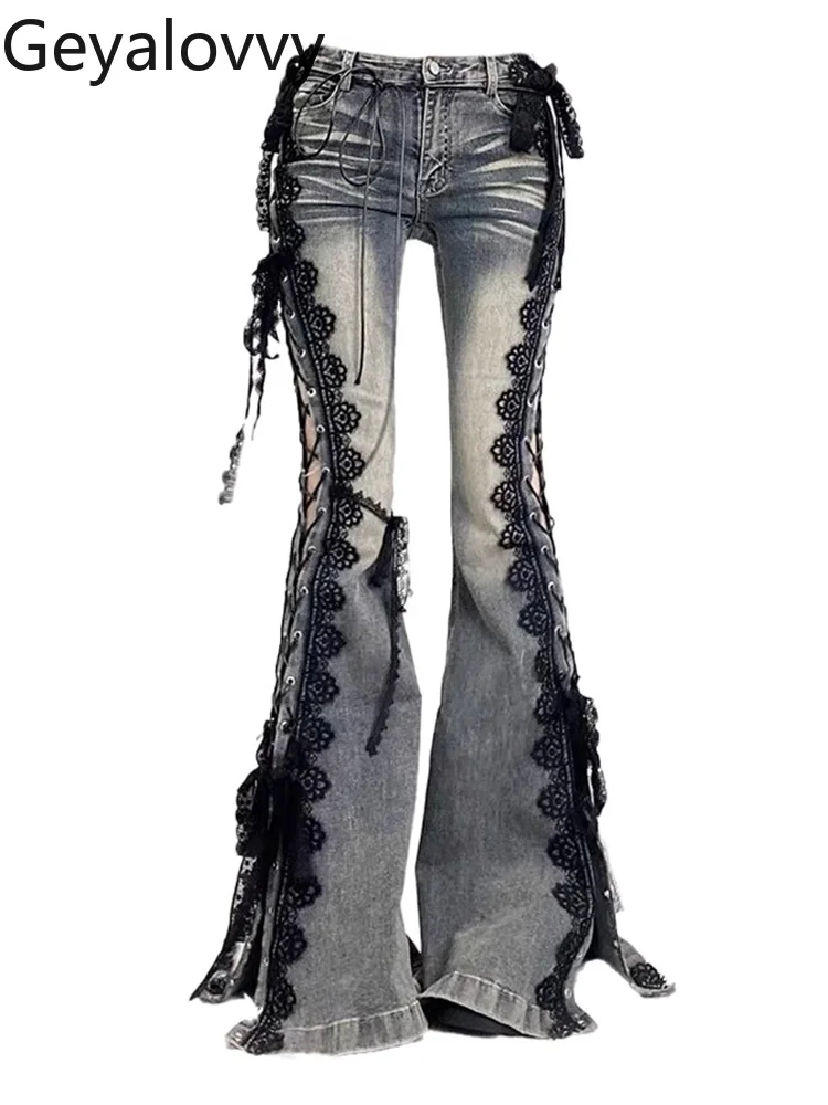 

American Retro Subculture Lace Strap Split Jeans Women 2025 New Summer Thin Micro Flared Pants Girls Y2k Trousers Bottoms
