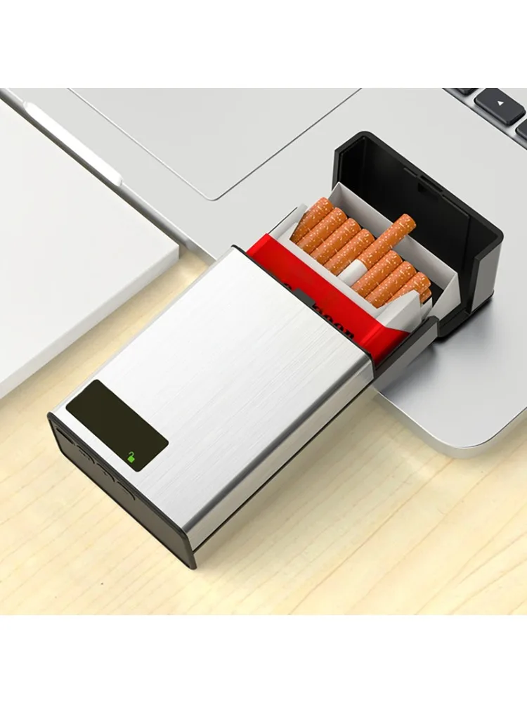 Kreatywny metalowy pojemnik na papierosy z zamkiem czasowym, USB, wspomagający samodyscyplinę, inteligentne etui na tytoń z wyświetlaczem LED, wspomagające rzucanie palenia. (Silver) — Zdjęcie 2 z 2