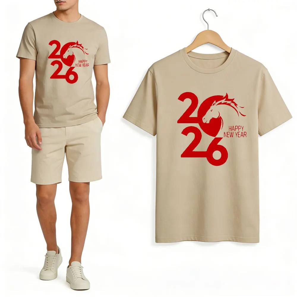 2026 السنة الجديدة للحصان سعيد الرجال قميص قصير الأكمام الصينية زودياك 2026 عيد الميلاد 2026 سنة الحصان موضة تي شيرت بلايز #6
