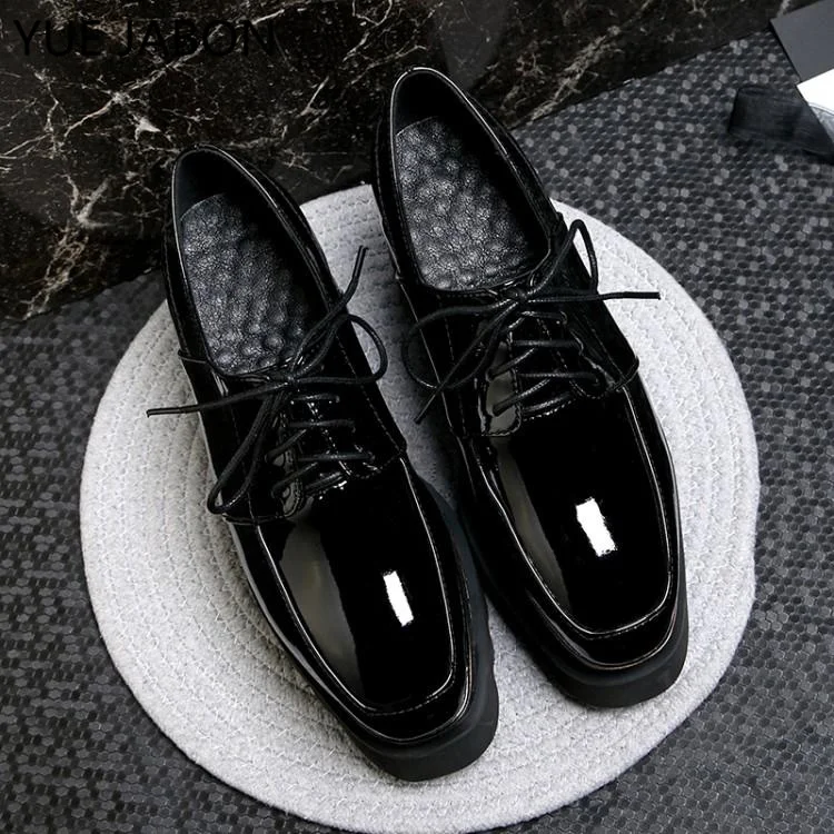 Women\'s Black Patent Leather Loafers Platform Lace Up Shoes for Woman 2024 New Autumn British Genuine Leather Casual Flats Shoes