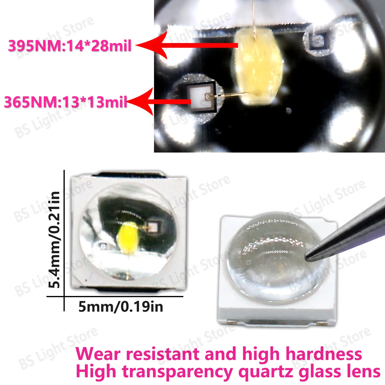 100/200/500pcs 5054 LED UV Bead 1W 365nm+395nm+fuse high hardness transparency quartz glass lens For nail lamp machine source