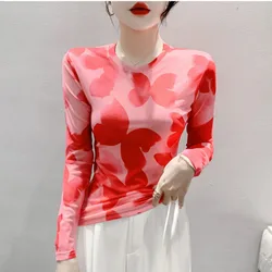 #8021 Spring Autumn Mesh T Shirt Women Long Sleeve Thin Sexy Vintage Printed Short T-shirt Femme Round Neck Skinny Elastic Top