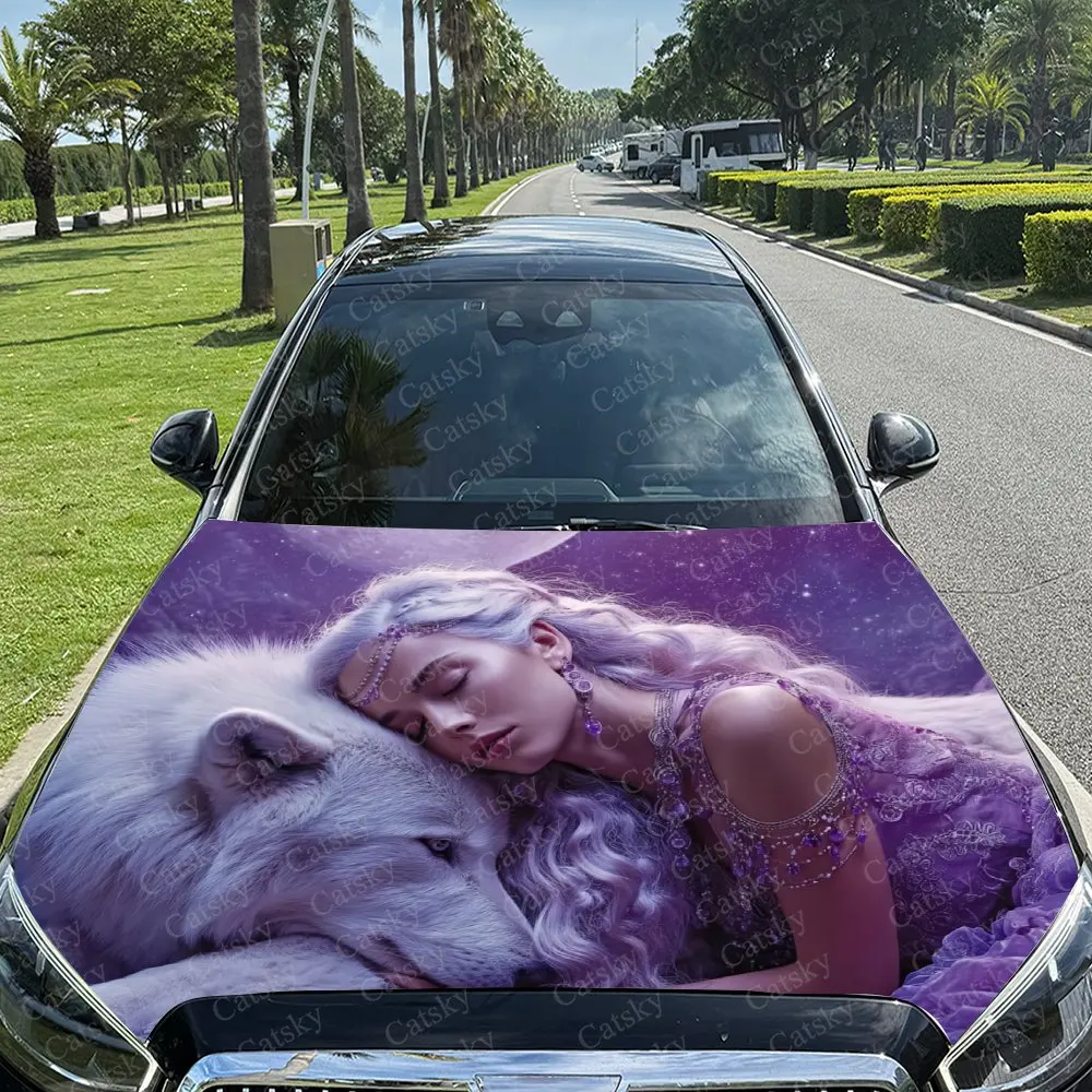 The Silver Haired Princess And White Wolf Sleeping Under The Moonlight Car Hood Decal Sticker, Durable Car Vinyl Wraps Suitable