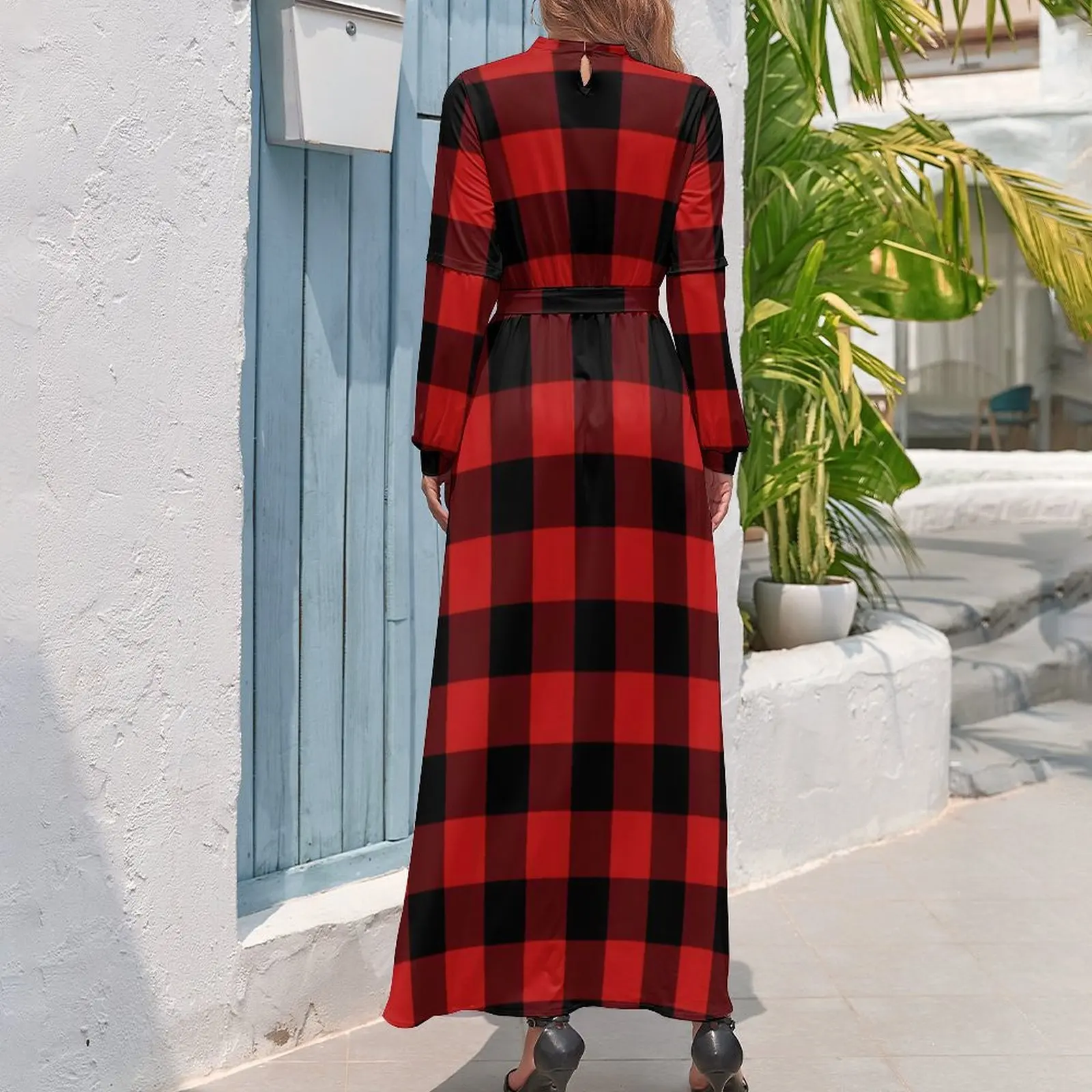 Red And Black Plaid Dress Checkerboard Aesthetic Bohemia Dresses Womens Long Sleeve High Waist Cute Long Maxi Dress