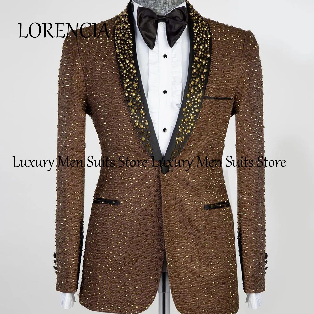 Sparkly Pearls Metal Embellished Men Suits Groom Formal Tuxedos Wedding Prom Blazers Pants Outfit Terno Masculino Completo