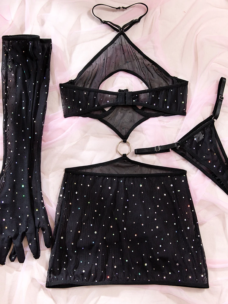 New Shiny Rhinestone Bodystockings Sexy Lingerie Women Fishnet Bodysuit Lace Underwear Erotic Outfits Fashion Sexy Tops Club Set