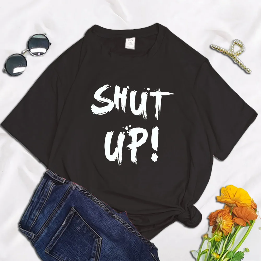 Funny Shut Up Women T Shirt 2022 Summer Round Neck Y2K Funny Polyester Cartoon T-shirt Graphic Streetwear