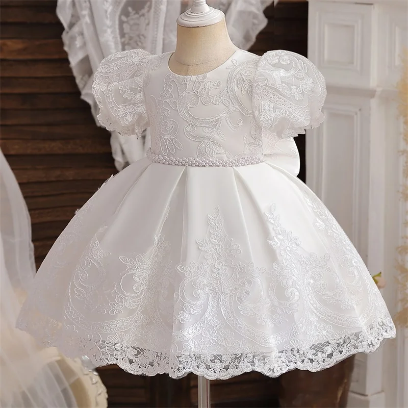 Vestido de encaje blanco para niña, vestido de princesa bordado, disfraz de flores para bautizo, boda infantil, manga abullonada