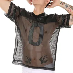 Men's Sexy Faux Leather Fishnet T Shirt Short Sleeve Breathable V-Neck Tops Tshirt Basketball Jersey Sportswear