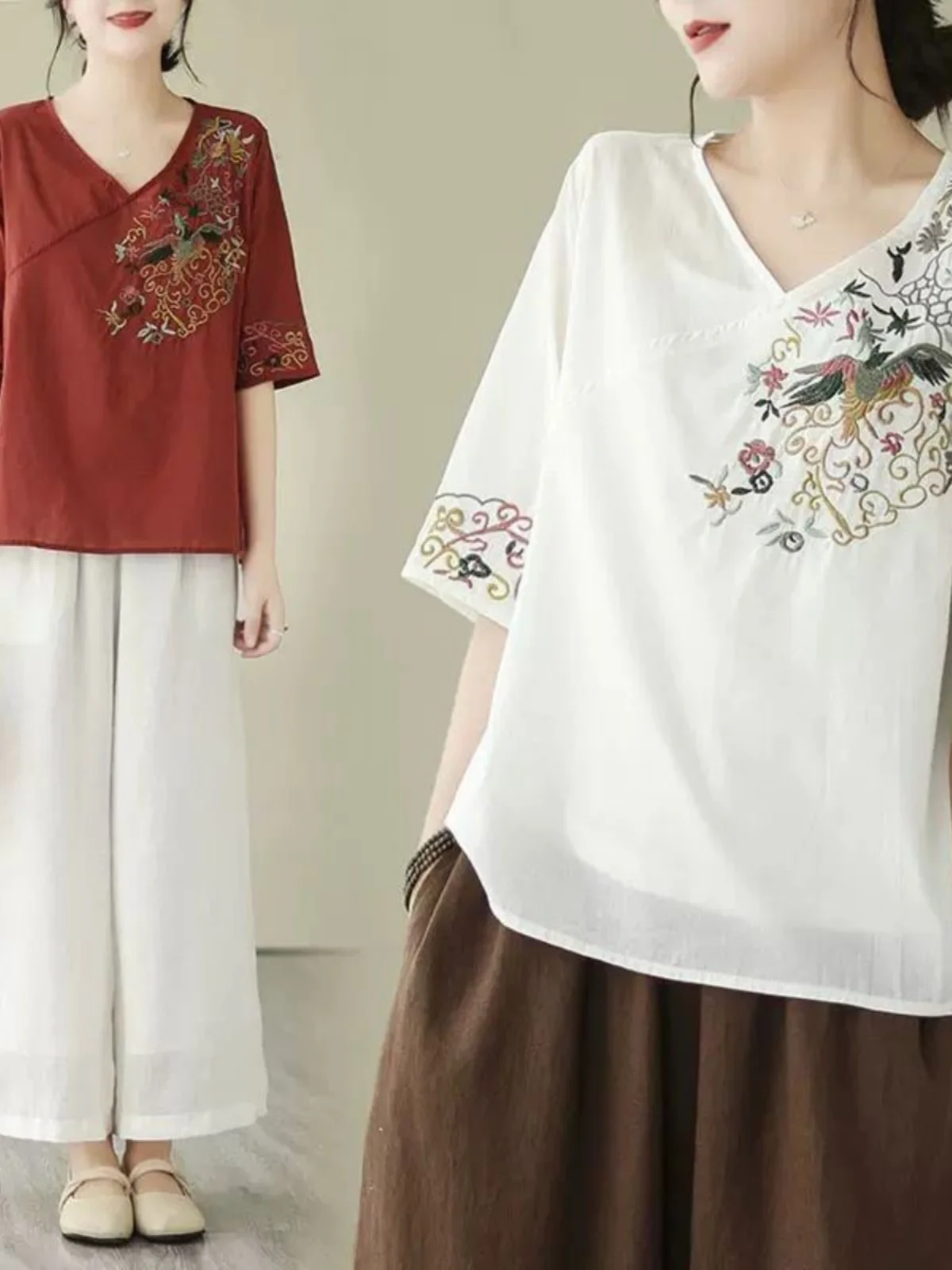 

Elegant Embroidered Cotton Linen Half Sleeve Shirt V-Neck Slimming Casual Overhead Top for plus Size Women Ethnic Style