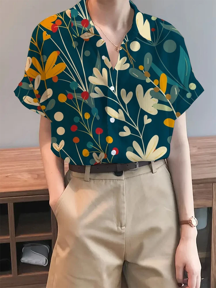 Holiday Style Printed Short Sleeve Shirt Ladies Lapel Button Short Sleeve Shirt Holiday Style Daily Elegant Casual Loose