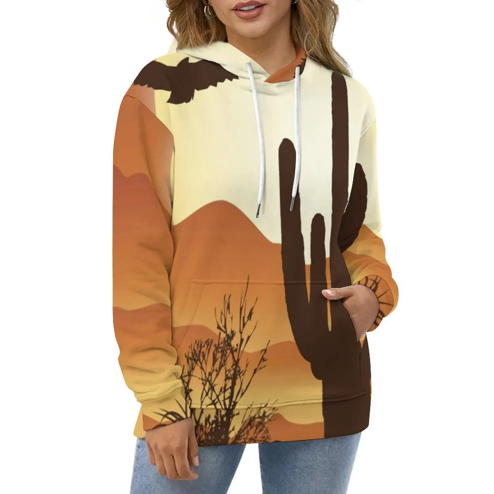 Sunset Western Desert Hoodies Long-Sleeve Cactus and Eagle Casual Hoodie Winter Streetwear Oversized Loose Hooded Sweatshirts