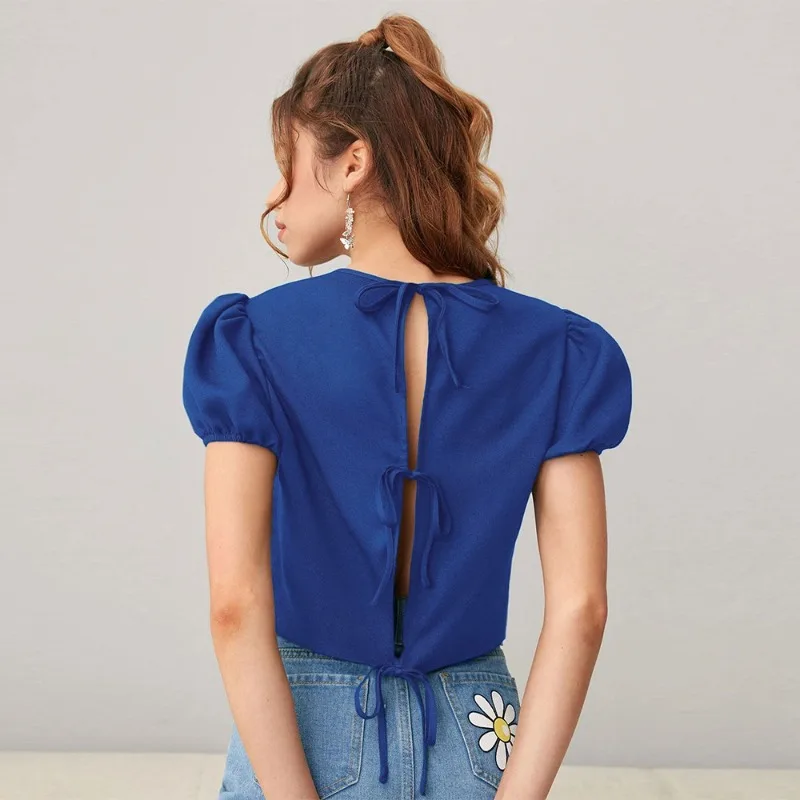 

2024 New Fashion Elegant Pastoral Style Puff Sleeve T-Shirt for Women