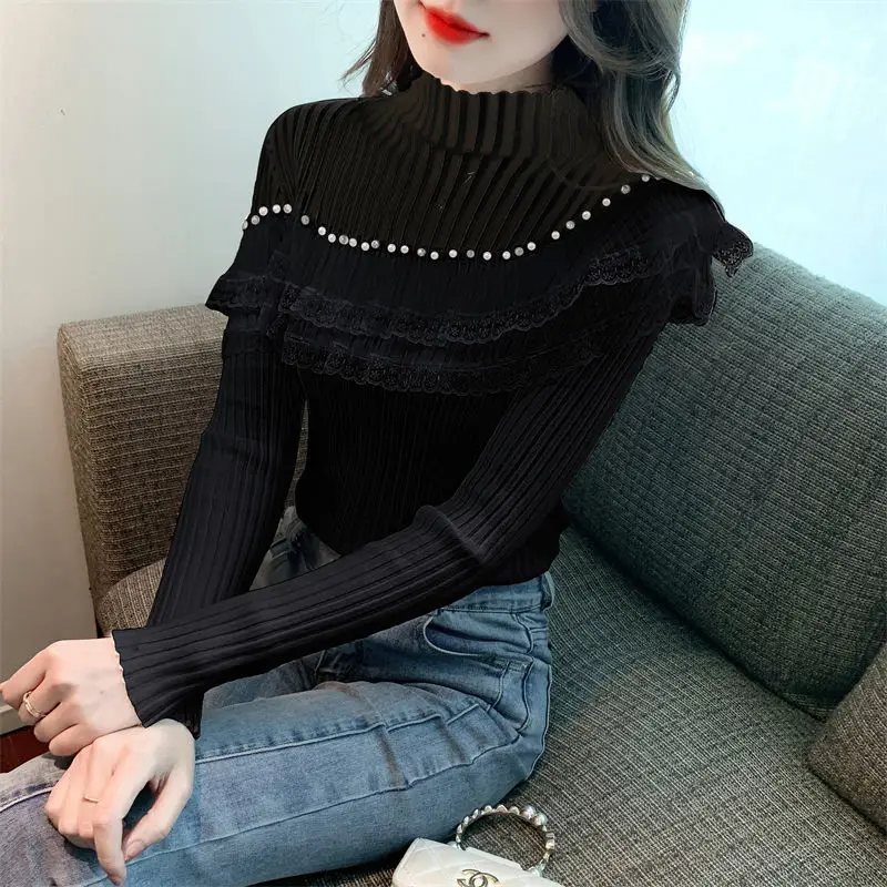 2023 Autumn Winter Ruffles Edge Solid Color Turtleneck Women Clothes Fit Leisure Elegant Beaded Long Sleeved Knitting Shirts