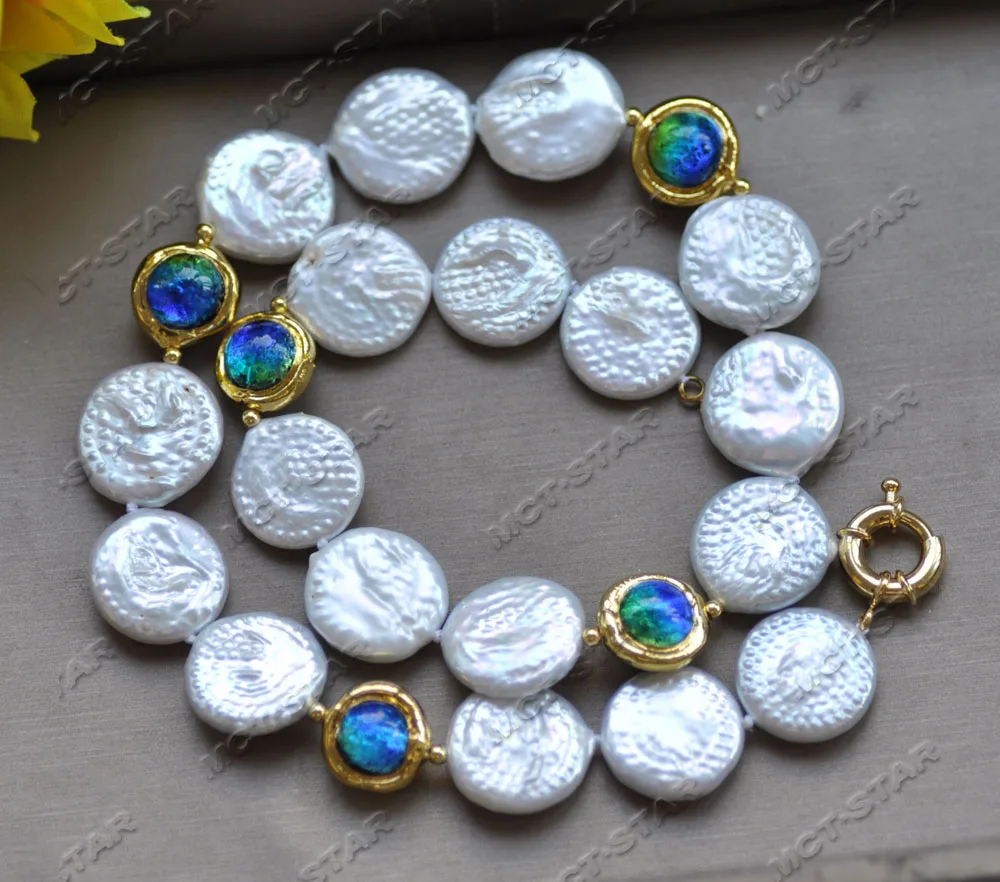 

MTC·STAR Z12765 Set 20mm White Coin Pearl Blue Green Murano Glass Necklace Bracelet Earring