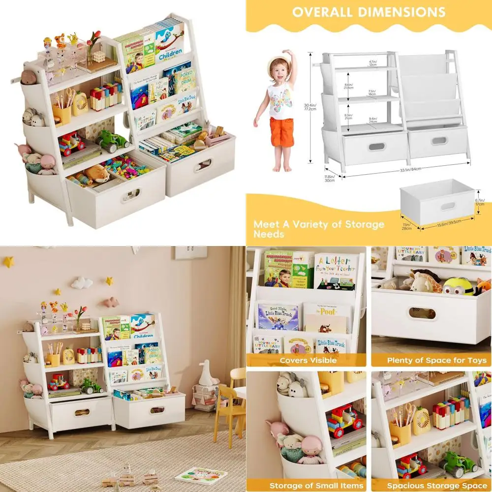 

Kids Bookshelf and Toy Storage Organizer, 3 Tier Kids Bookcase, Sling Bookshelf and 2 Toy Bins with Toy Storage Organizer for Ch