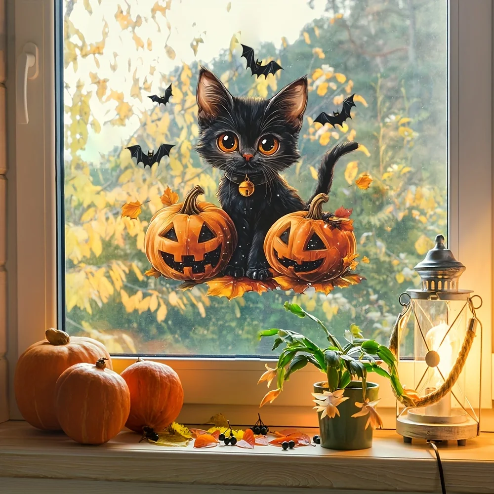 1PC Halloween Window Stickers Black Cat Pumpkin and Flying Bats Sticker for Glass Doors Removable Gothic Halloween Sticker