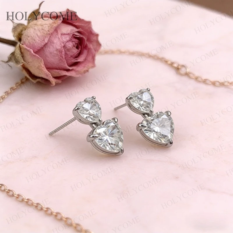 Boucles d'oreilles Double cœur personnalisées, cœur Moissanite 6.5x6.5mm/8x8mm, Total 3CT/6CT D couleur VVS1, bijoux scintillants pour noël