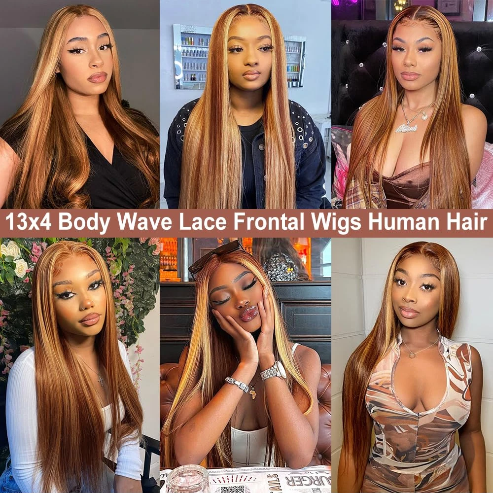 Straight Highlight Wig 13x4 Lace Front Human Hair Wigs 30 Inch For Women Transparent Lace Frontal Wig Color 4/27 Ombre Lace Wig