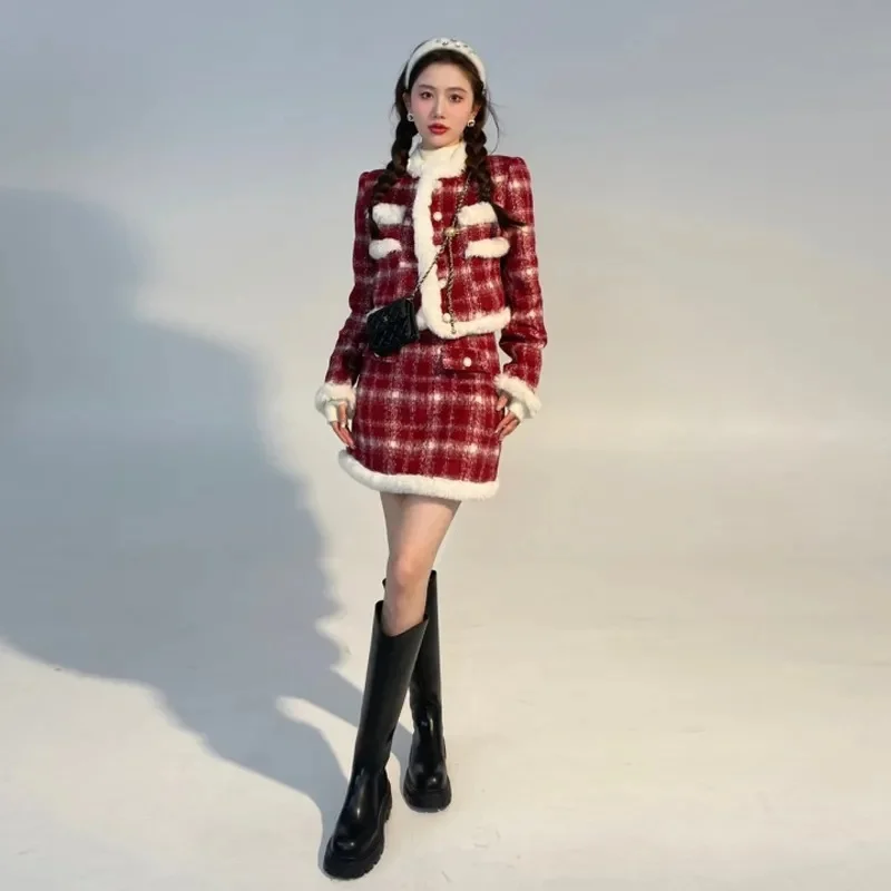 Wool Skirt Set Lady Christmas Knot Day Atmosphere Checkered Coat With Skirt Suits Autumn/Winter Red Grid Hairy Small Fragrant