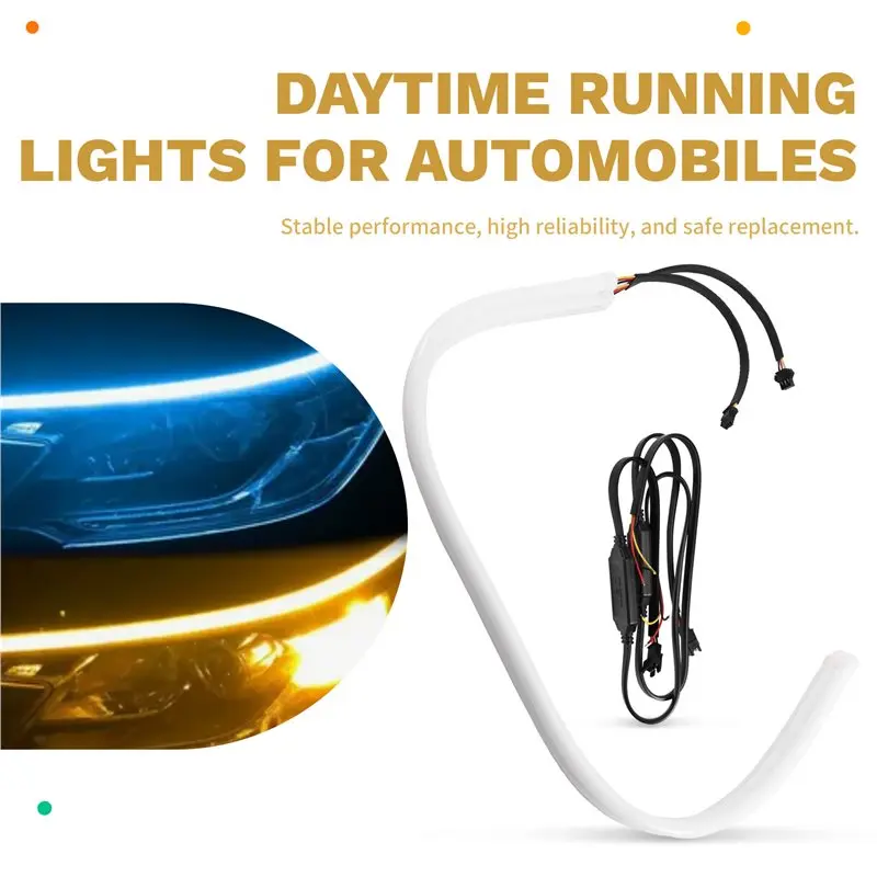 Durable-Super Bright Sequential LED 60CM Flexible Daytime Running Light DRL Strip Tube Switchback Headlight Ice Blue + Yellow