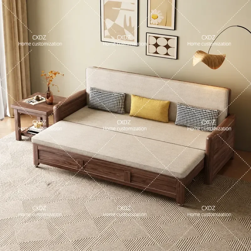 New Chinese Style Sofa Bed Folding Dual Purpose Black Walnut Solid Wood Three Seater Small Apartment Living Room Straight Row