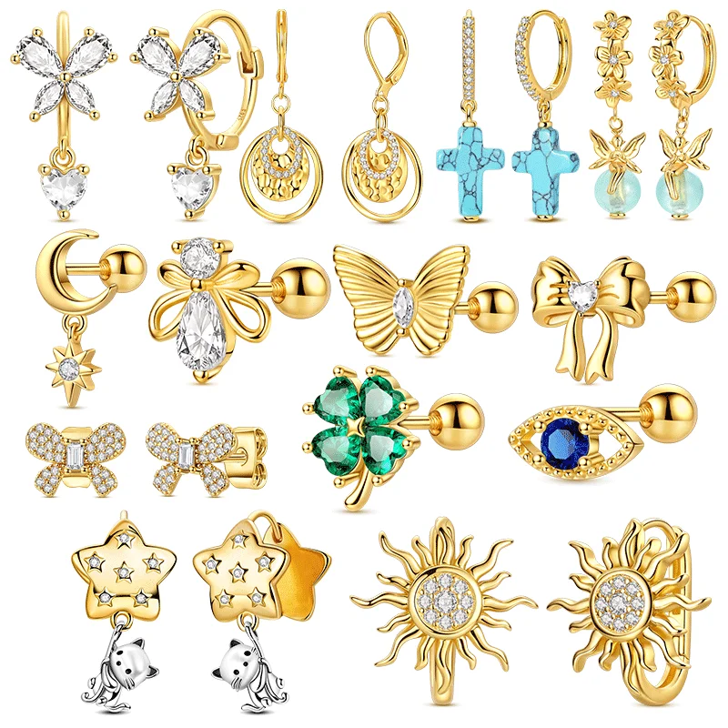 

925 Silver Gold Color Screw Ball Earrings Stud for Woman Bow Butterfly Moon for Woman Original Earring Fashion Jewelry