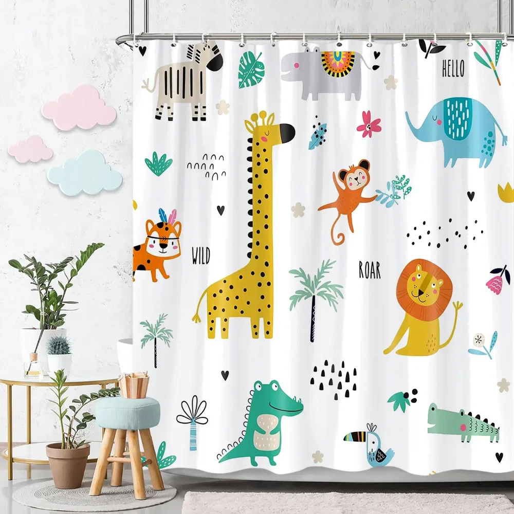Cute Cartoon Jungle Animal Dinosaur Alphabet Letter Print Shower Curtain Waterproof Mildew Resistant Polyester Fabric With Plast