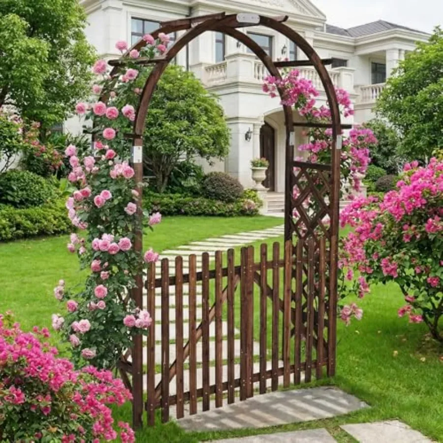 Wooden Garden Arbor for outdoor ceremony and patio use, made of heavy-duty wood in natural brown color with gate feature for pl
