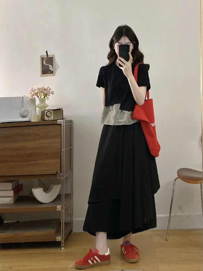 

plus Size Retro Patchwork Striped Short Sleeve Top Asymmetrical High Waist Midi Skirt Two Piece Set Summer Fashion plus Size ...
