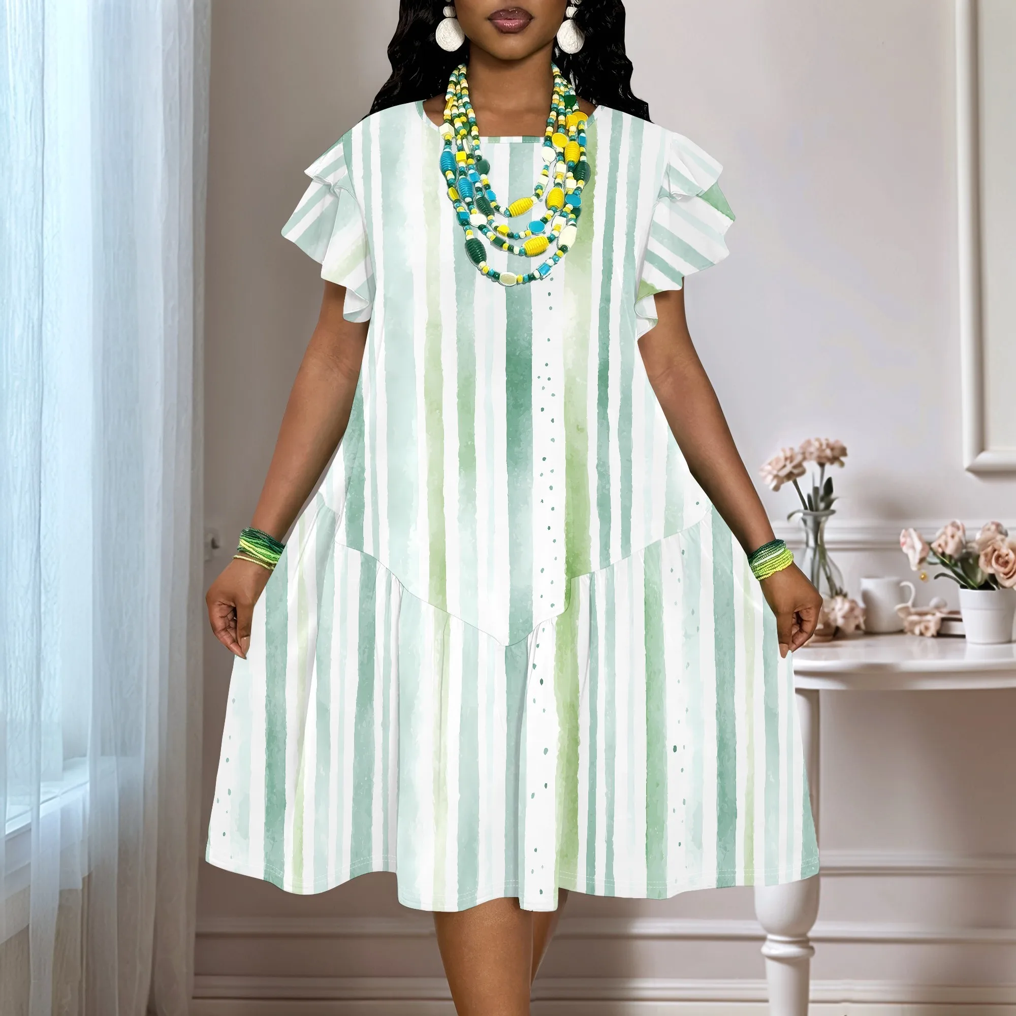 Women's Plus Size Short Sleeve Dress with Green Stripe Print, Casual Summer Tunic Dress