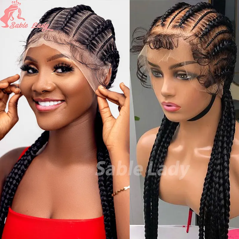 

36" Full Lace Frontal Wigs Synthetic Jumbo Braided Wigs For Black Women Box Braided Lace Front Wig Faux Locs Wig Braids Wigs