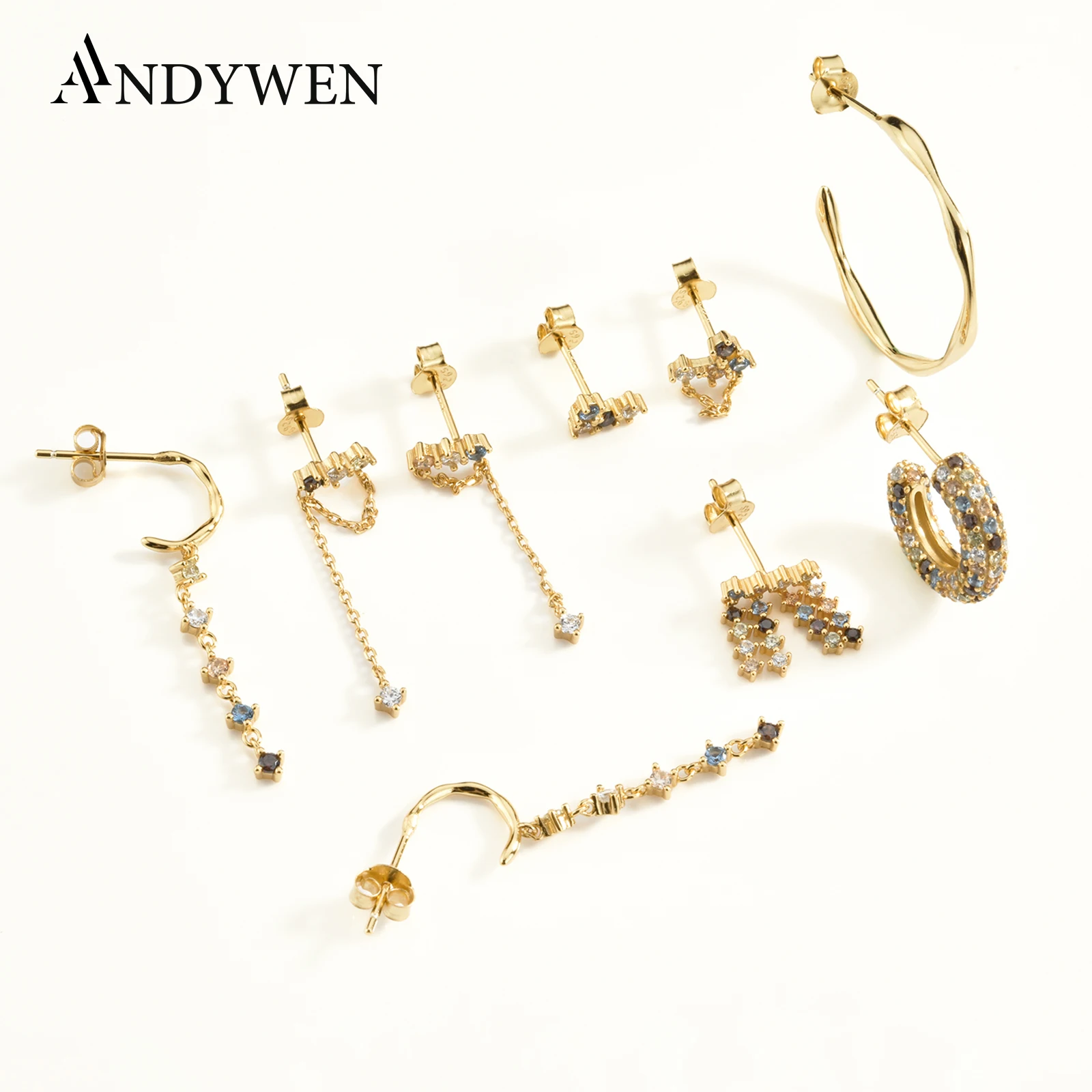 ANDYWEN-pendientes de plata de ley 925 con circonita cúbica, conjunto de joyería con cierre de tipo tuerca, con diseño de cinco anillos de zorro, para verano