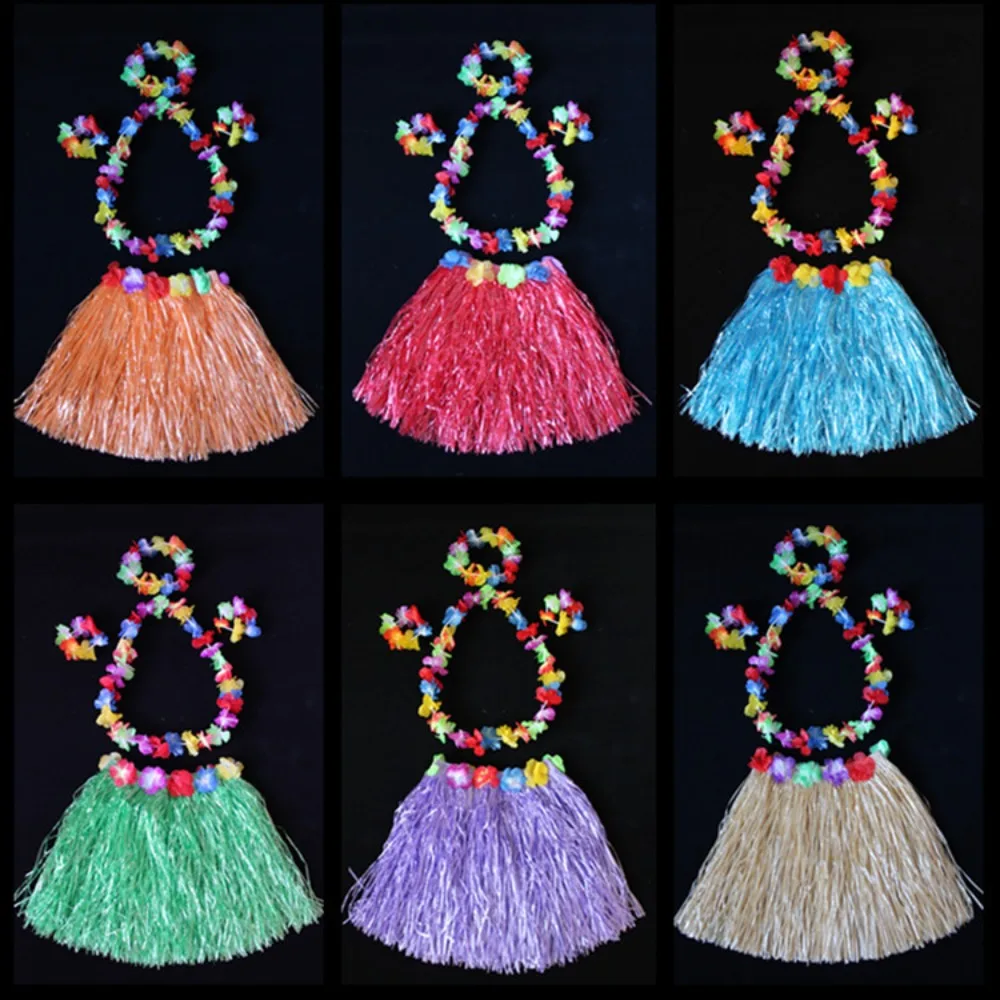 

Grass Skirt Dance Performance Costumes Hawaiian Style Garland Headband Bracelet Costume Set Full Charming Party Decoration