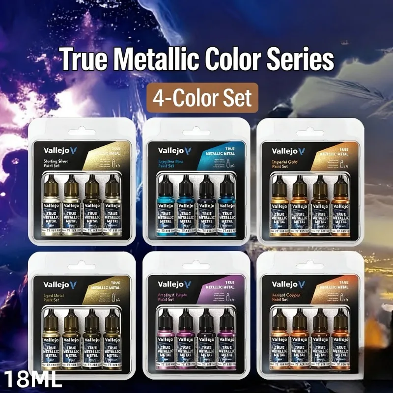 

True Metallic Metal Paint Set 4 Colors 18ml Acrylic Water-Based Paint for Miniatures & Game Figures Hobby Model Coloring