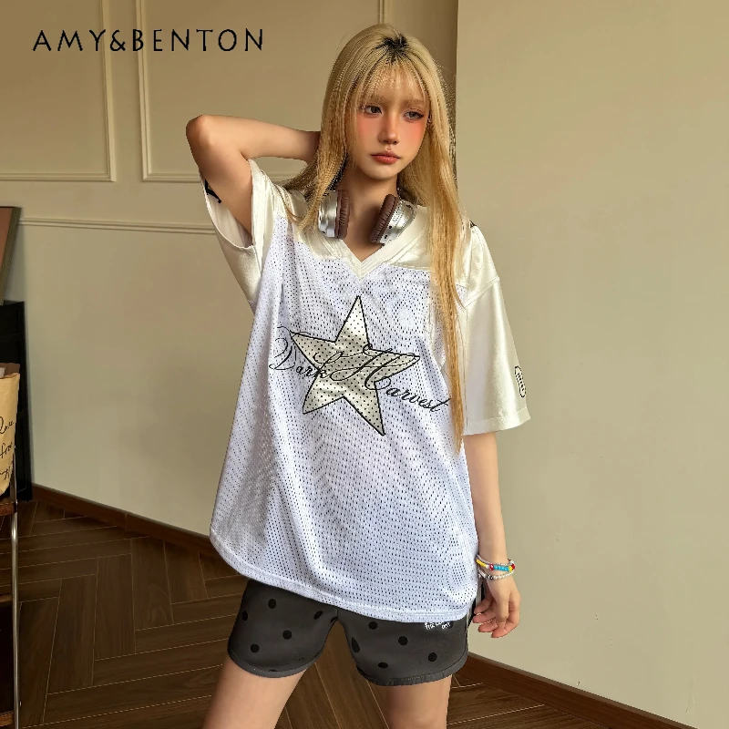 

American Retro Women's Clothing Polka Dot Star Embroidery V-neck Breathable Hollow Out Jersey Short Sleeve Summer T-shirt Ladies