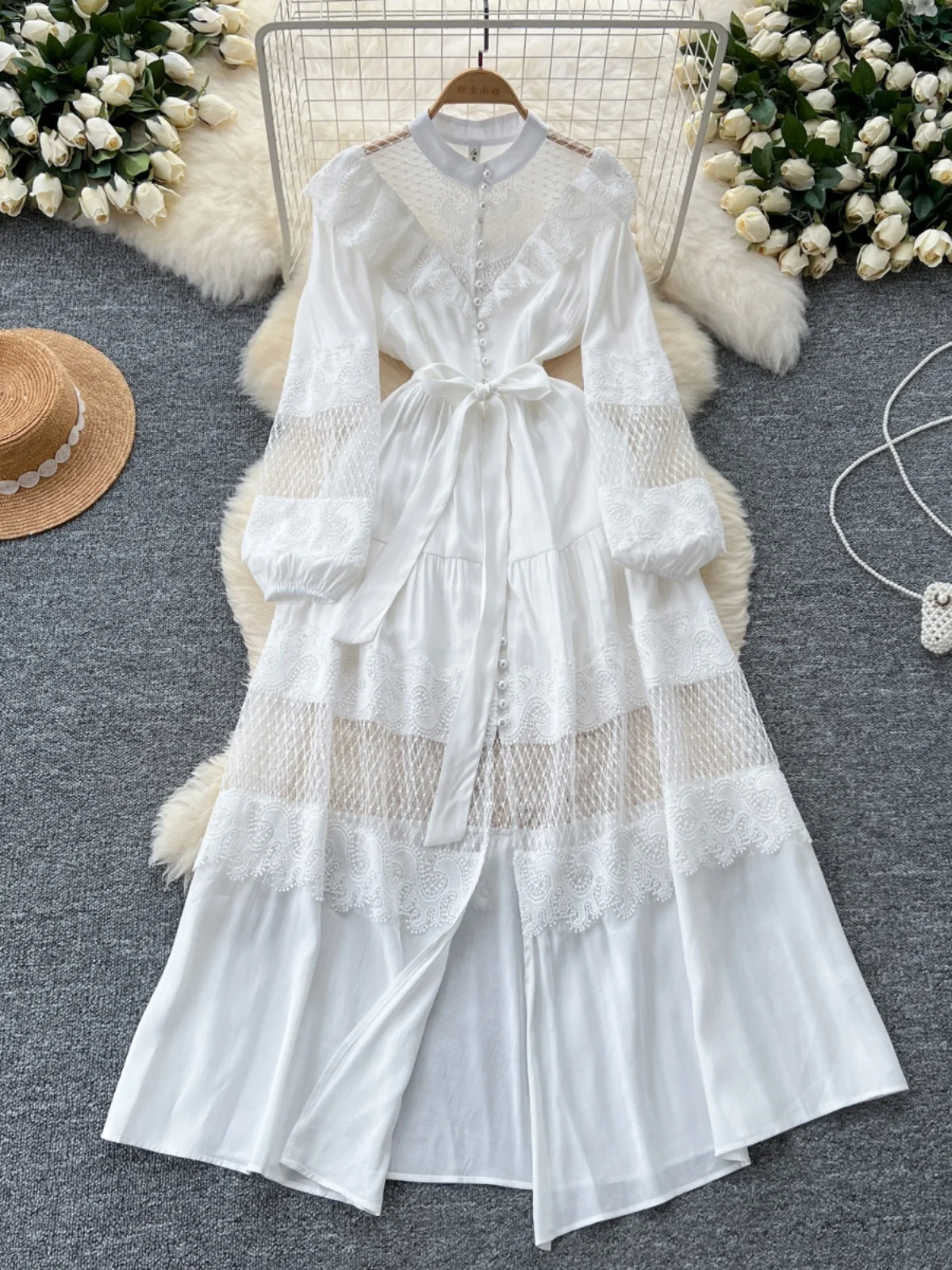 

Palace Style See Through Lace Pearls Long Sleeve Maxi Prom Wedding Dress Women Summer Autumn Party Dresses Shirt Lady