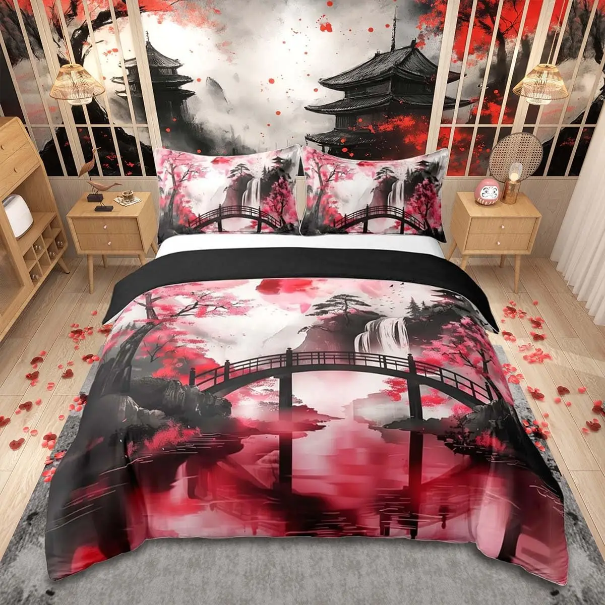Japanese Anime Bedding Set Double Size Japan Cherry Blossom Mountain Sun With 2 Pillowcases Abstract Ink Art Cover