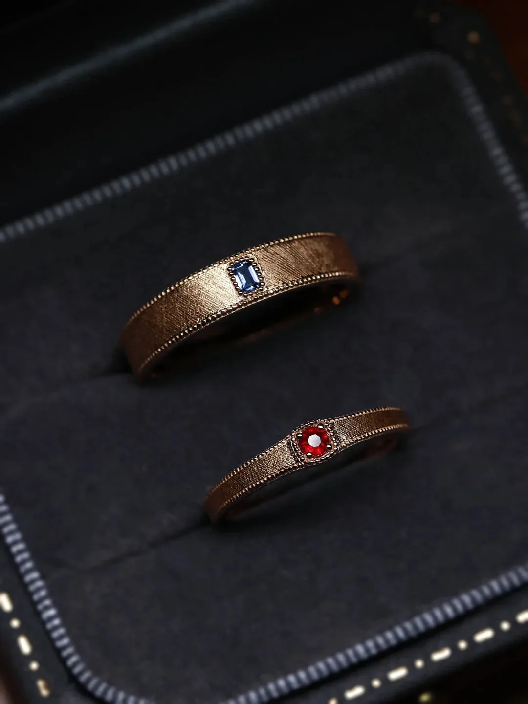 Designer Custom Ruby & Sapphire Brushed Texture 18K/14K Couple Rings, Luxurious Wedding/Engagement Bands for Him & Her