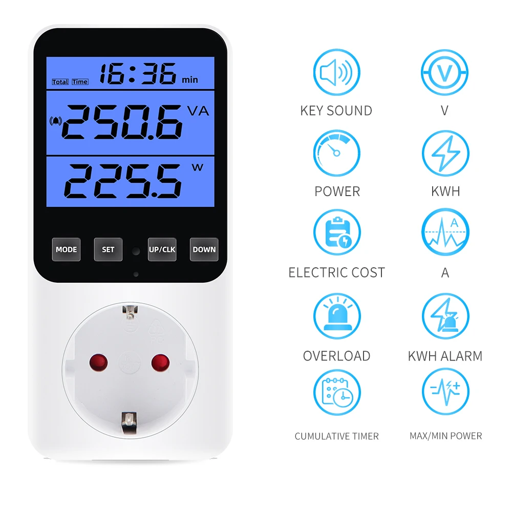 Digital Power Meter Socket AC 220V EU Plug Electronic Wattmeter Analyzer nergy Meter Voltmeter Ammeter Electricity Cost Monitor