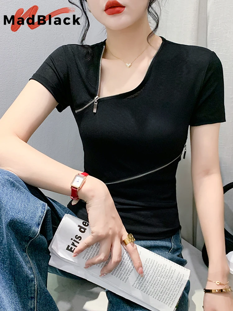 MadBlack Summer European Clothes Zipper Tshirt Women's Sexy Solid Slim Mesh Tops Short Sleeve Black Tees 2023 New T34434C